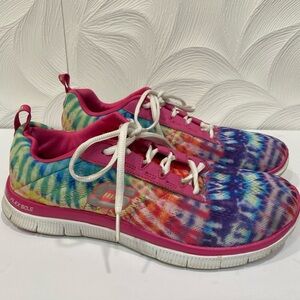 SKETCHERS FLEX SOLE RAINBOW TIE DYE SKECH-KNIT SNEAKERS WITH LACES MEMORY FOAM